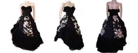 *  VINTAGE SOUTHERN BELLE LORALIE ORIGINAL SWEETHEART BLACK & PINK ROSES FESTOONS LACE TAFFETA EVENING GOWN - SIZE LARGE