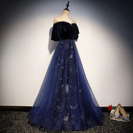 A line Navy Blue Velvet Prom Dresses Sexy Evening Dress SH081