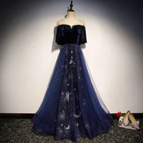 A line Navy Blue Velvet Prom Dresses Sexy Evening Dress SH081