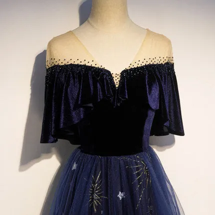 A line Navy Blue Velvet Prom Dresses Sexy Evening Dress SH081