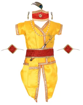 Ahhaaaa Satin Yellow Platinum Krishna Dress Kurta Dhoti with Accessories for Boys