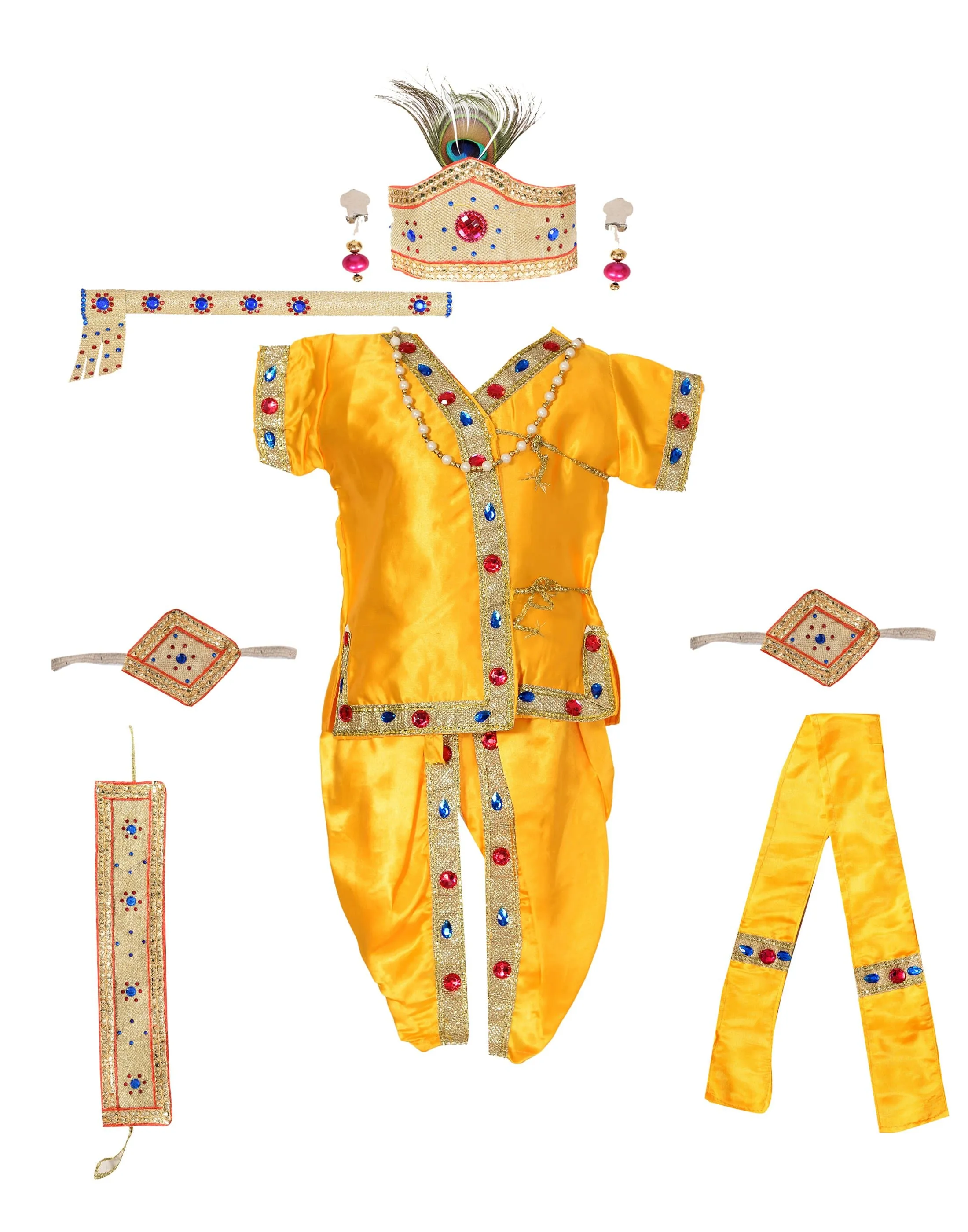 Ahhaaaa Satin Yellow Platinum Krishna Dress Kurta Dhoti with Accessories for Boys