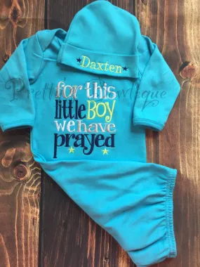 Baby boy coming home outfit -For this Little boy I or WE have Prayed- newborn gown and personalized hat - Baby shower gift