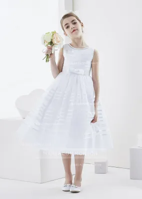 Bateau Neck Sleeveless Tea Length Ball Gown Organza First Communion Dress