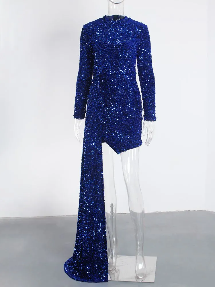 BerriesJam - 2024 Shiny Sequin Stretch Velvet O Neck Slit Party Dress