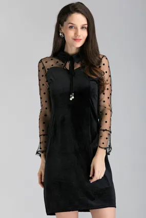 Black Velvet Sheer Sleeve Polka Dot Sleeve Midi Dress