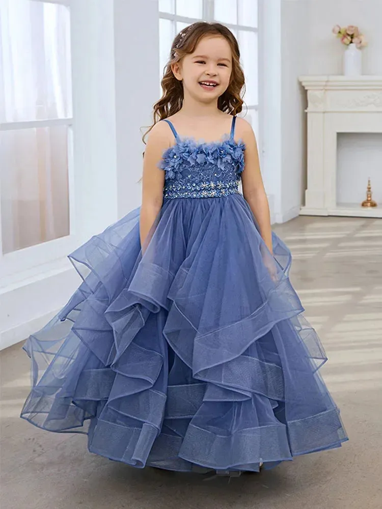 Blue Lace Flower Girl Dress - Fluffy Tulle, Spaghetti Straps, Kids Wedding Bridesmaid & Birthday Party Outfit