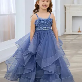 Blue Lace Flower Girl Dress - Fluffy Tulle, Spaghetti Straps, Kids Wedding Bridesmaid & Birthday Party Outfit