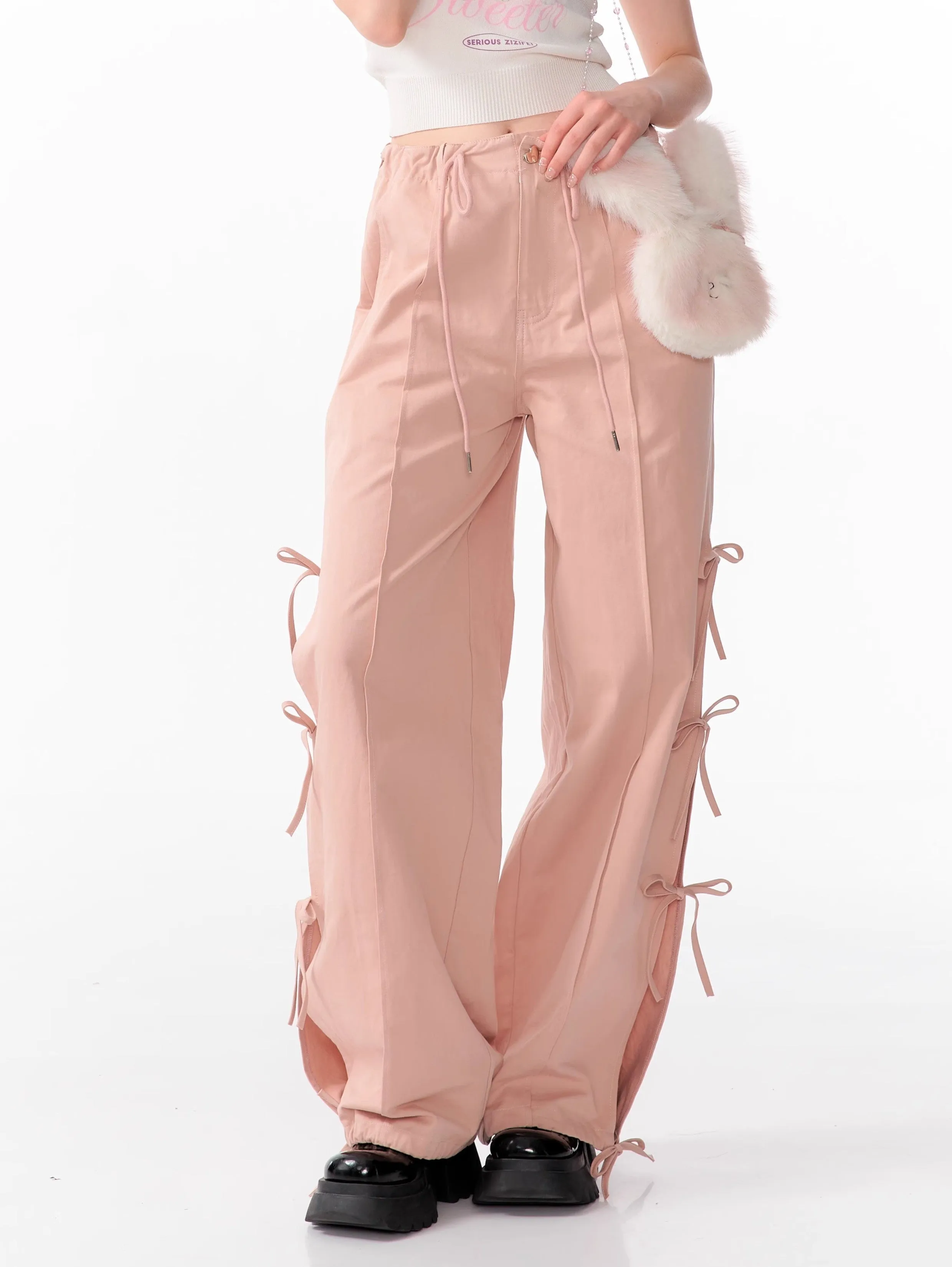 Bow High Waist Slim Straight Wide Leg Casual Pants ZIZ0104