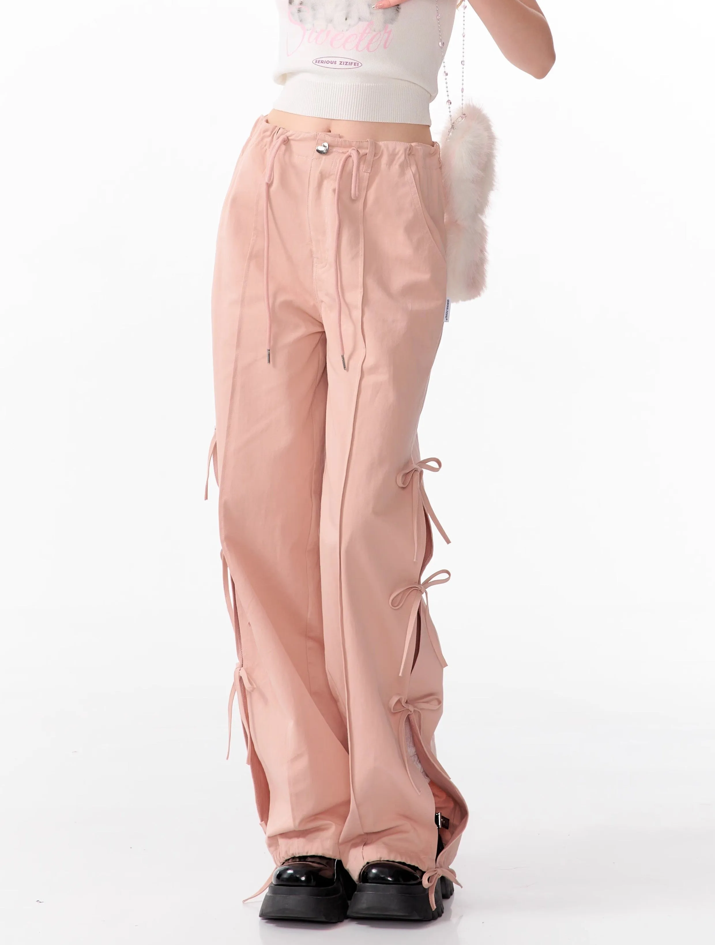 Bow High Waist Slim Straight Wide Leg Casual Pants ZIZ0104