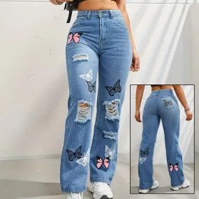 Butterfly Printed Ripped Distressed Jeans