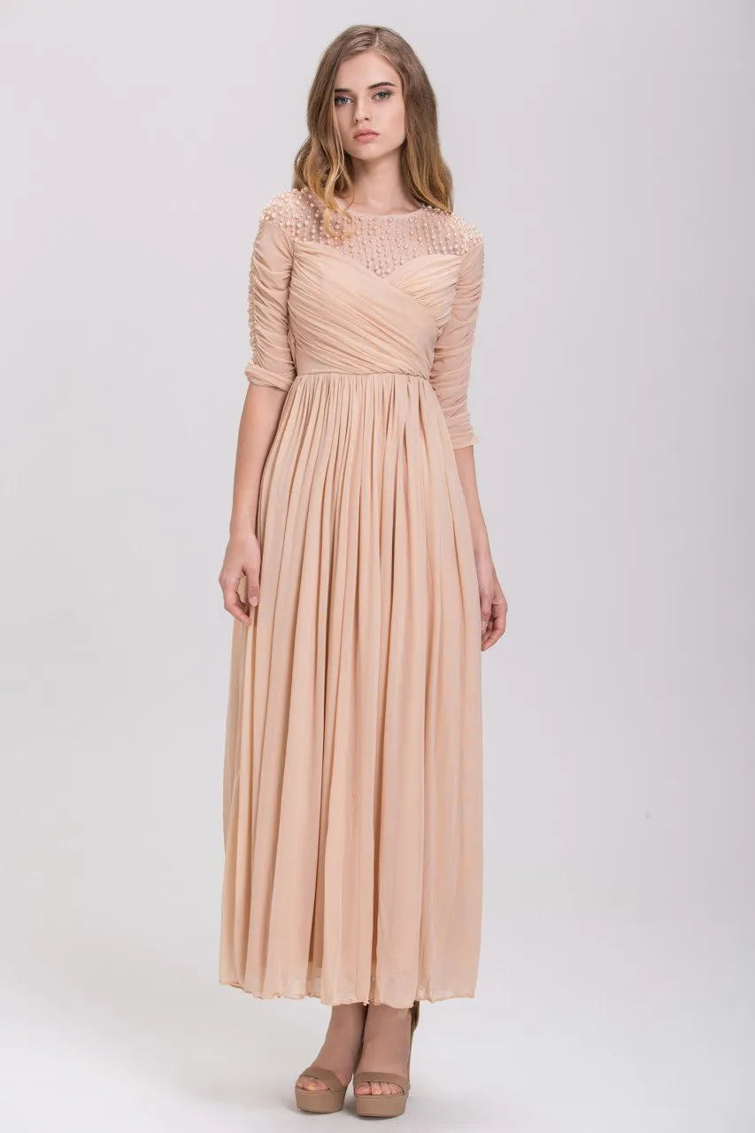 Champagne Pearl Evening Maxi Dress