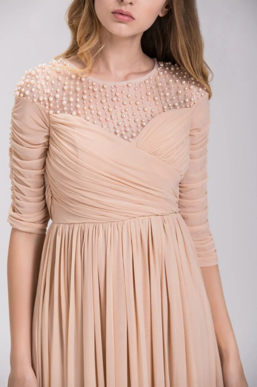 Champagne Pearl Evening Maxi Dress