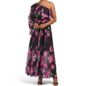 DALIA MACPHEE Women's One Shoulder Bold Floral Asymmetrical Maxi Dress