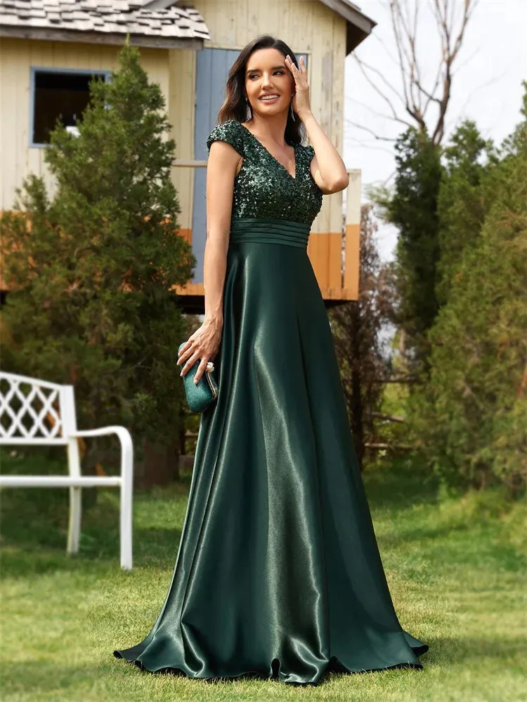 Dk Green Satin Sequin Short Sleeve Evening Dress