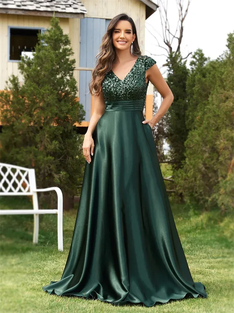 Dk Green Satin Sequin Short Sleeve Evening Dress