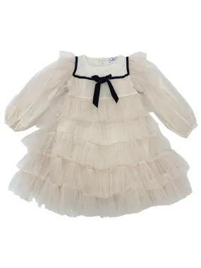 dress tulle layered with velvet trim bib design with bow - ecru