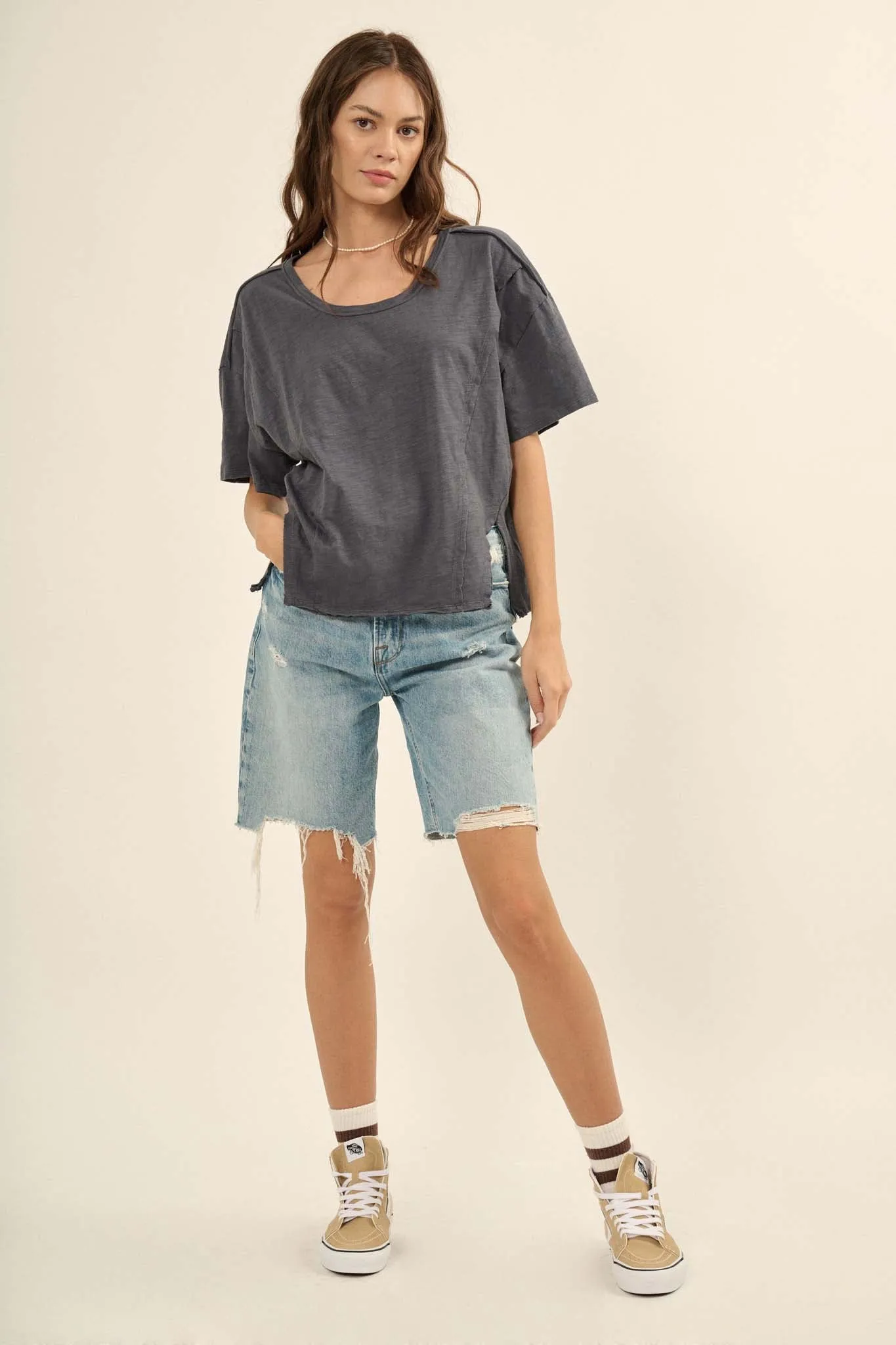 Easy Fit Vintage-Wash Slub Cotton Split-Hem Tee