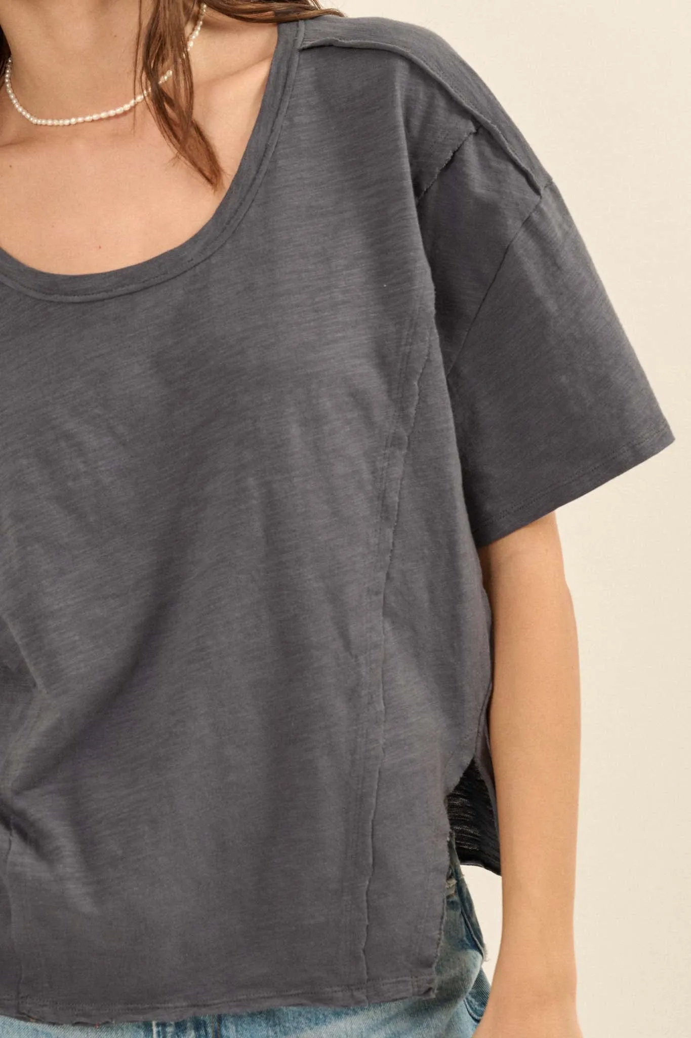 Easy Fit Vintage-Wash Slub Cotton Split-Hem Tee