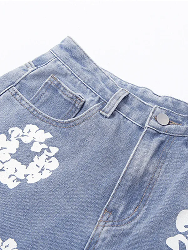 Floral Print Long Denim Pants