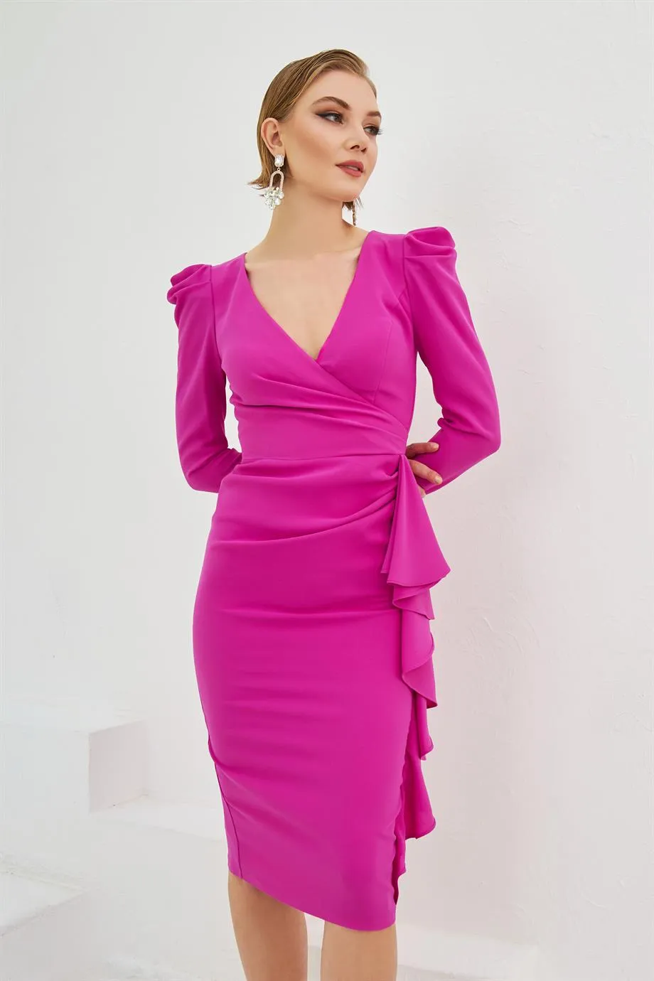 Fuchsia Crepe Low-Cut Back Waistband Midi Evening Dress