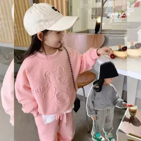 Girls Waffle Cartoon Round Neck Tracksuit