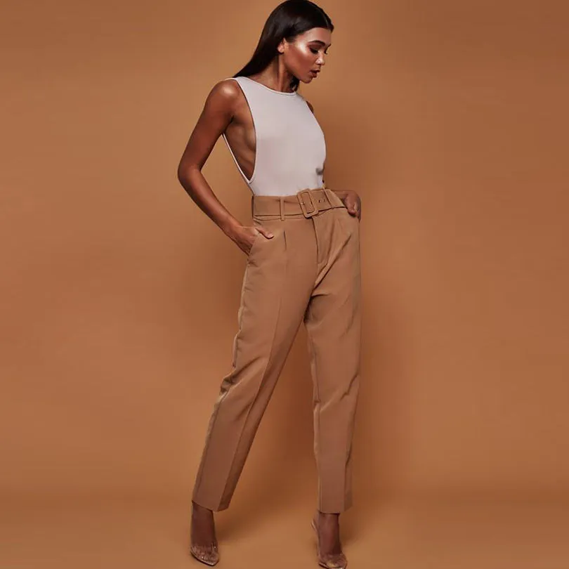 Ladies High Waist Belted Straight Leg Slacks Trousers