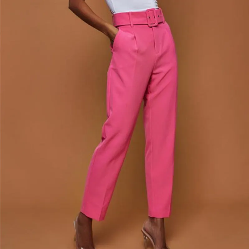 Ladies High Waist Belted Straight Leg Slacks Trousers