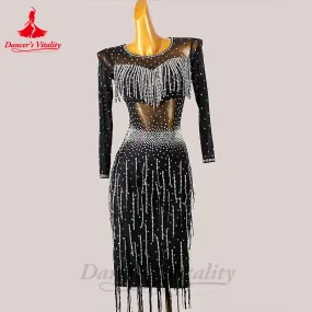 Latin Dance Competiton Dress for Women Gauze Long Sleeves AB Stones Chacha Performance Costume Cusom Adult Child Latin Dresses