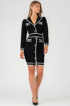 Long-Sleeve Lapel Collar Knitted Dress with Contrast Trim