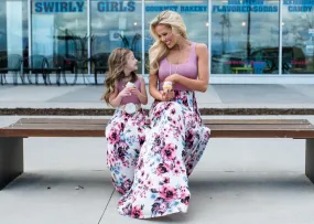 Matching Family Outfit - Mummy and Daughter Long Dress with Flowered Skirt