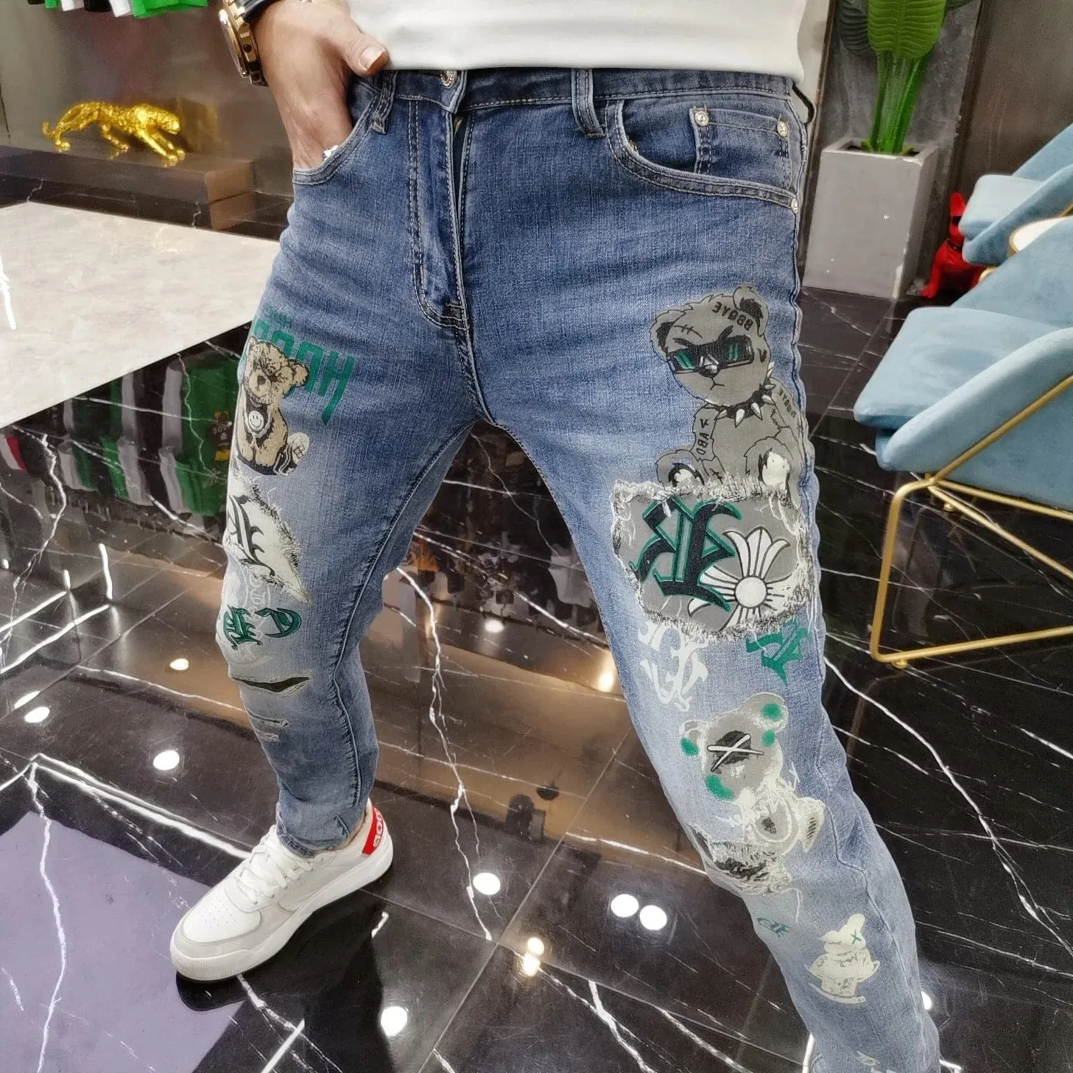 Men's Ripped Bear Print Slim Fit Denim Streetwear Jeans