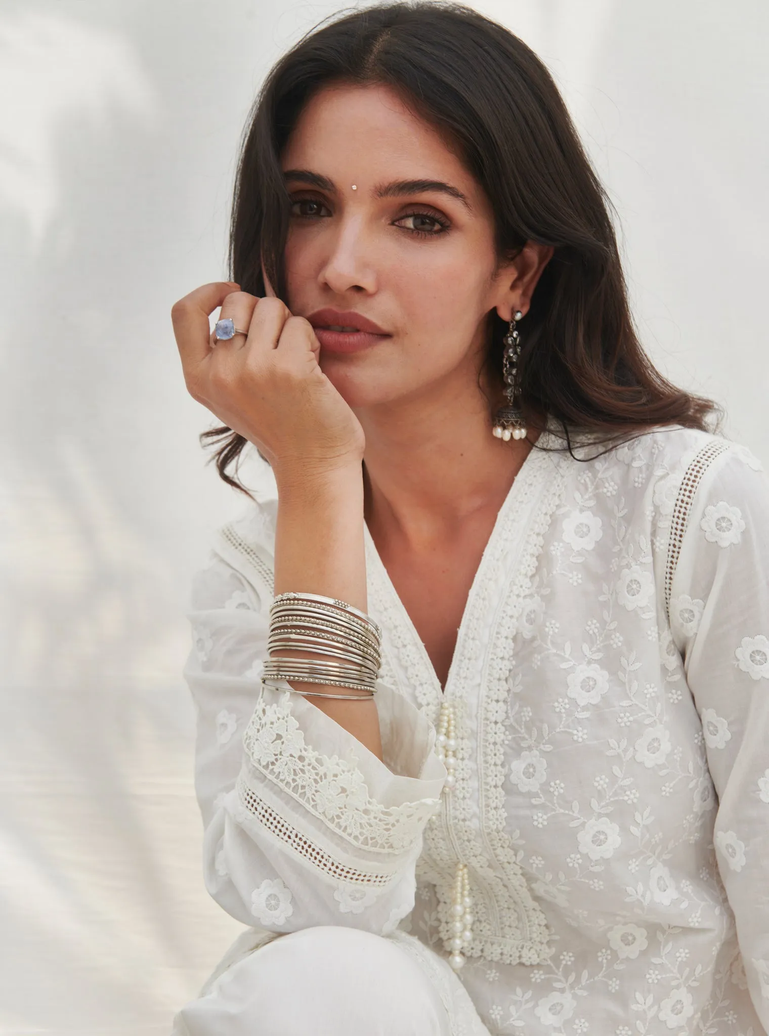 Mulmul Cotton Codli White Kurta With Mulmul Cotton Floral Lace Flared White Pant