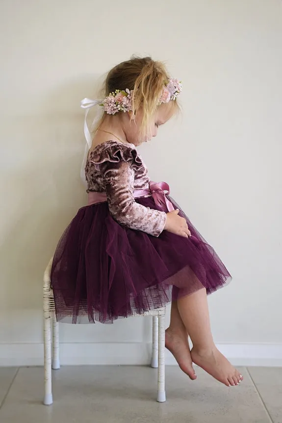 Nellie Girls Velvet Dress - Plum