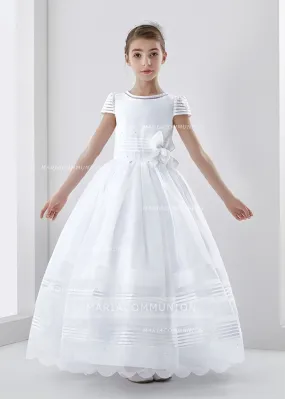 Organza Short Sleeve Ball Gown Floral Hemline Long First Communion Dress With Beading