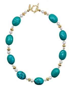 Oval Turquoise & Freshwater Pearls Statement Necklace KN009