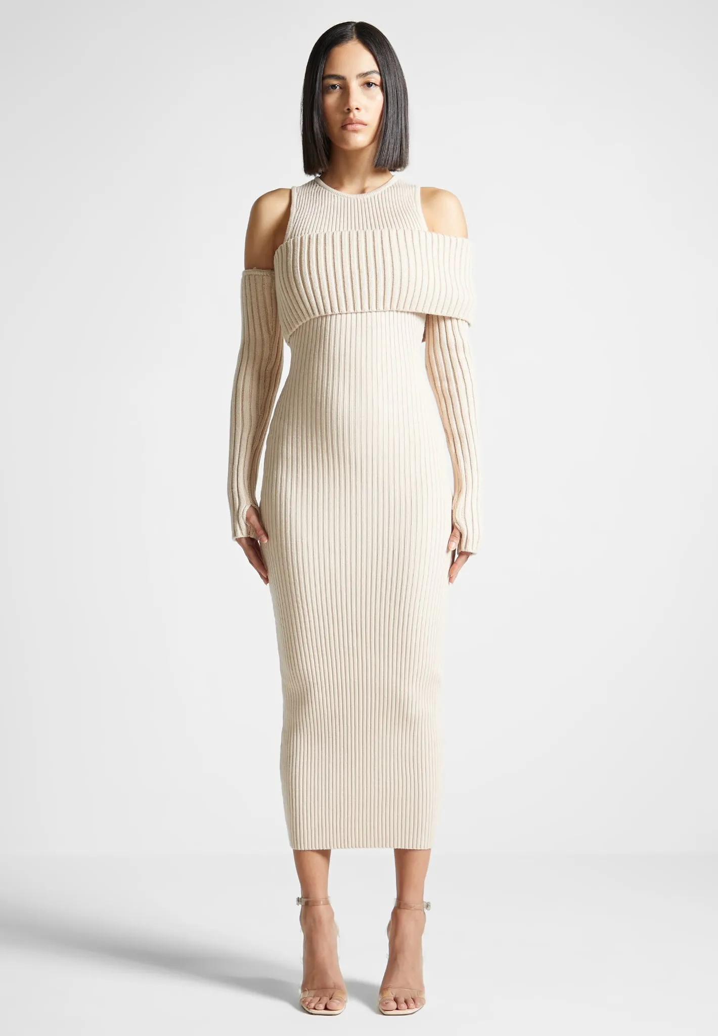 Overlay Knitted Midaxi Dress - Beige