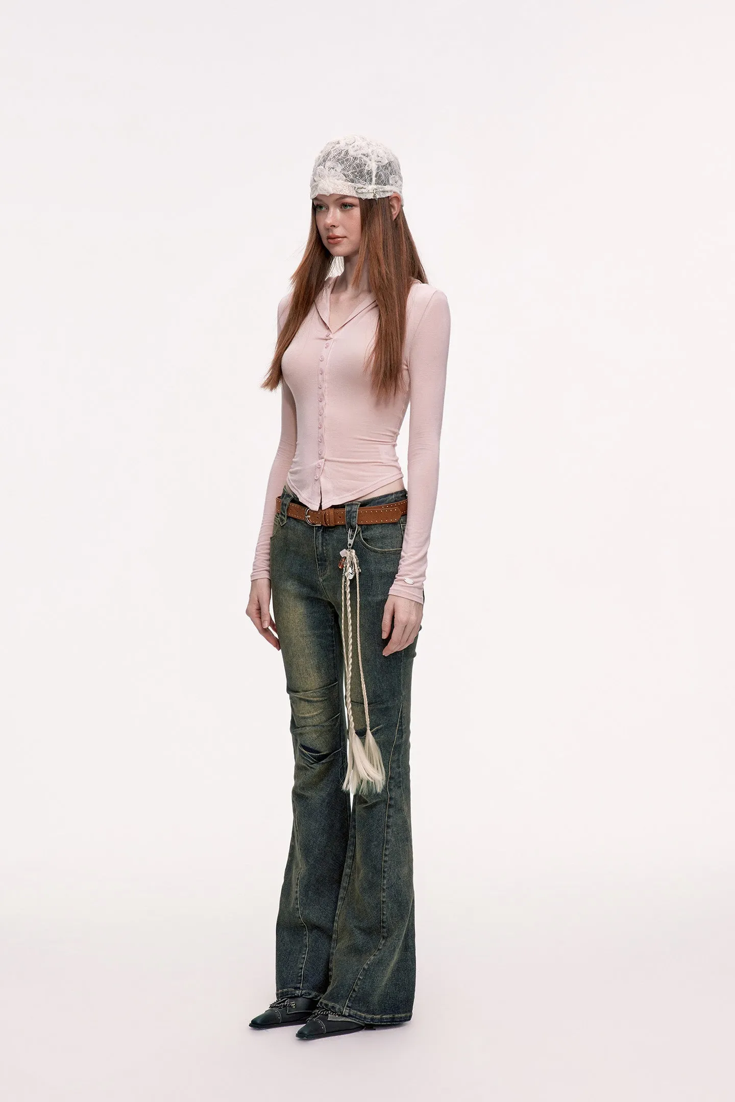 Retro Pleated High Waist Slim Denim Flared Pants