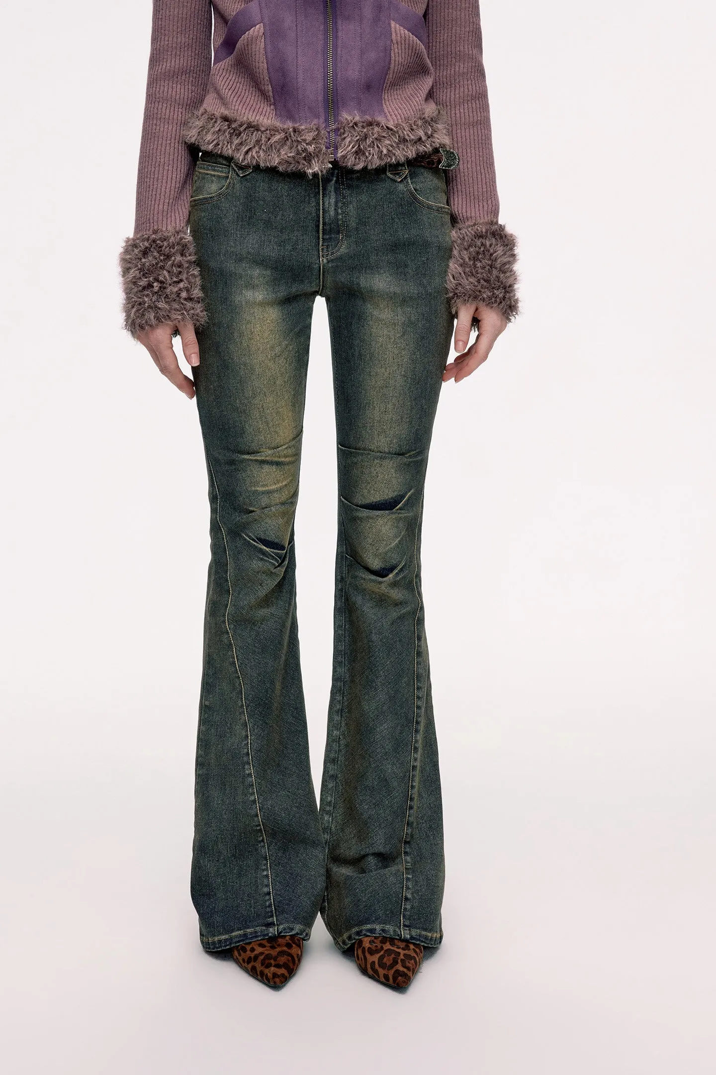 Retro Pleated High Waist Slim Denim Flared Pants