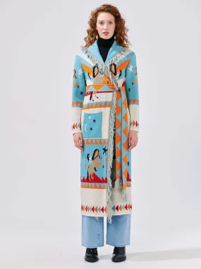 Sunrise Rodeo Merino Jacquard Long Cardigan Turquoise/White