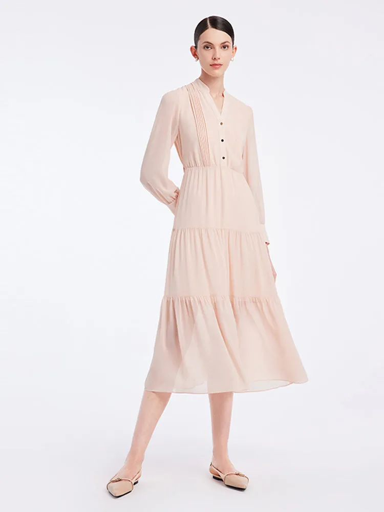 V-Neck Chiffon Ruffled Midi Dress