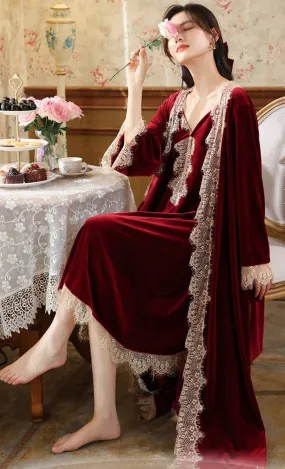 Victorian Vintage Velvet Long 2 Pieces Robe Sets  For Women,  Loose Elegant Bride Red Robe Dress  Autumn Winter