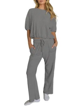 Womens 2 Piece Outfits Lounge Sets Short Sleeve Pullover Tops Elastic Wide Leg Pants Set Sweatsuits Tracksuit