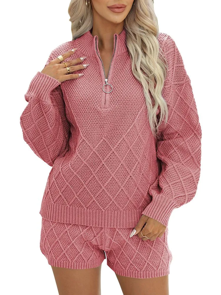 Women's Half Zip Cable Knit Pullover Top and Shorts Pant Lounge Sets