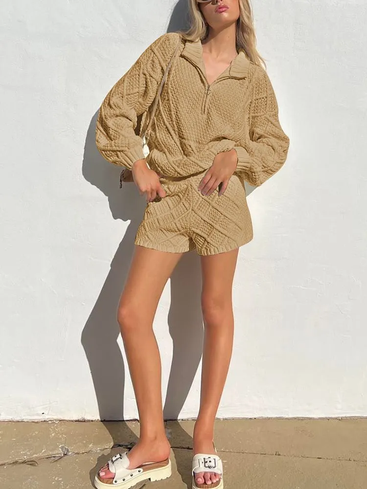 Women's Half Zip Cable Knit Pullover Top and Shorts Pant Lounge Sets